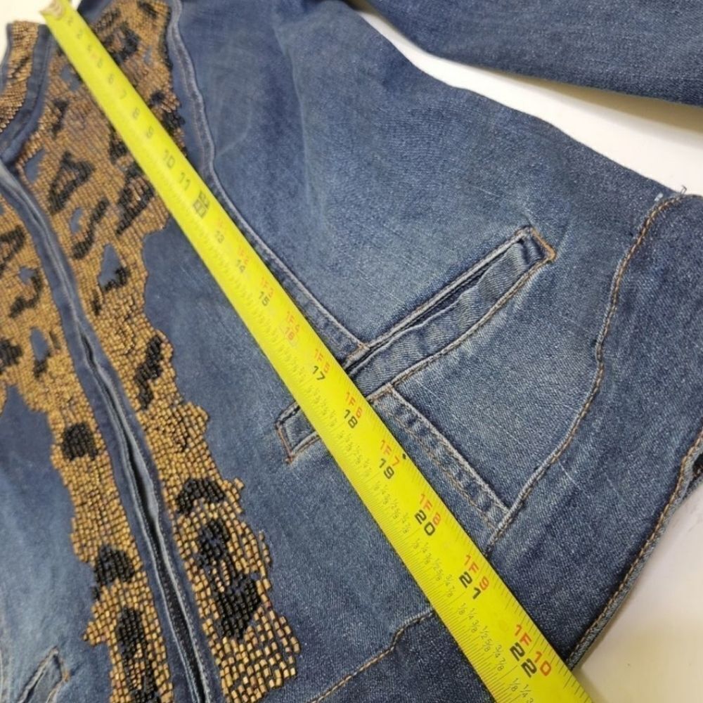 CHICO'S BEADED LEOPARD EMBELLISHED STRETCH DENIM JACKET BLUE BROWN TAN 1 medium - Picture 4 of 9